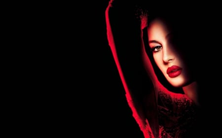 Monica Bellucci - red, monica bellucci, hood, black, actress, lips, woman