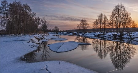 Winter sunset - snow, river, winter, sunset