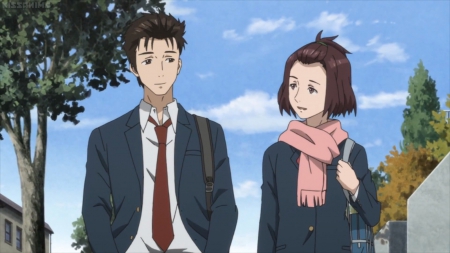 Just a Date - pretty, anime, kawaii, female, walking, talking, scene, walk, happy, male, short hair, talk, nice, smiling, sky, anime couple, anime girl, beautiful, girl, dating, beauty, lovely, sweet, smile, shirt, blouse, scarf, cute, adorable, date, couple