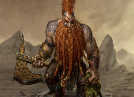 Dwarf Slayer - warhammer, goblin head, tattoos, dwarf, ax