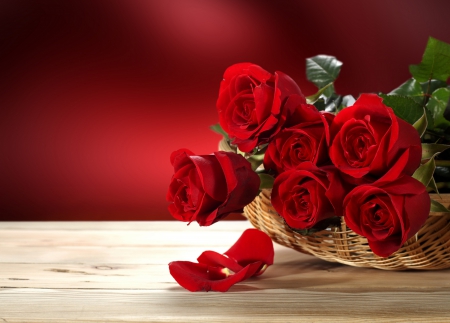 A bunch of red roses - leaves, basket, roses, red