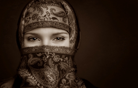 She smiles with her eyes - woman, scarf, smile, eyes