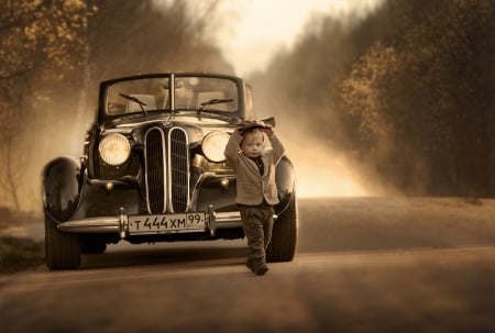 Vintage - car, road, vintage, cars, boy