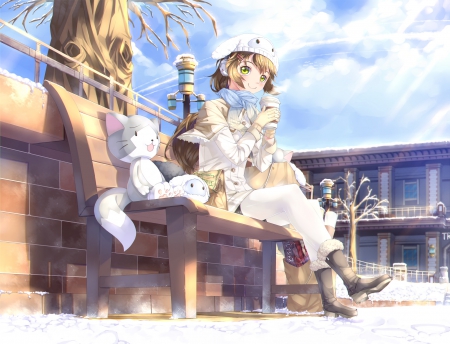 Cold Winter - beauty, nice, sky, female, anime girl, cloud, pretty, anime, house, scene, building, banech, girl, winter, lovely, eat, snow, beautiful, sweet