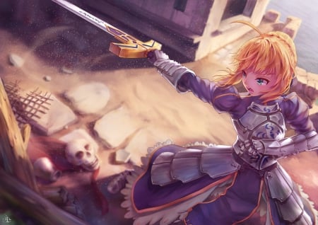 Saber - nice, saber, beauty, female, knight, blond, anime girl, blade, armor, blond hair, pretty, blonde hair, anime, sword, cute, scene, girl, adorable, long hair, lovely, fatge stgay night, kawaii, beautiful, sweet, dress, blonde