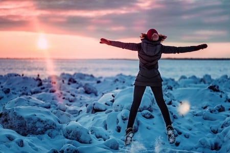 beautiful - winter, girl, snow, frost, jump, joy