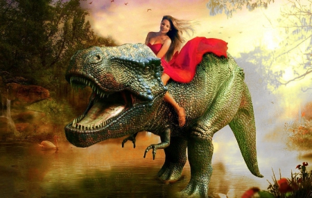 Good Friends - woman, t-rex, girl, funny, fantasy, art, dinosaur, red, beautiful, humor, digital, cute, dress