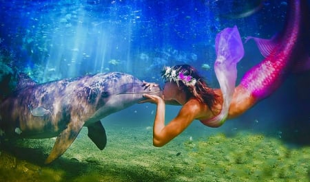 Best of Friends - beautiful, photography, dolphin, girl, fantasy, mermaid, digital, woman, friends, kiss, art