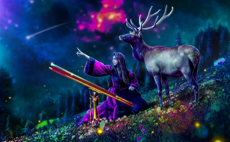 Magical Night - beautiful, girl, night, cg, fantasy, deer, digital, woman, comet, art