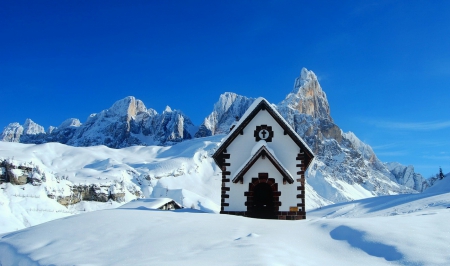 Mountain church - chapel, winter, beautiful, snow, slope, church, mountain, serenity, peaceful, sky