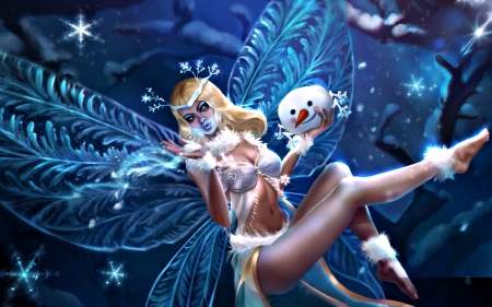 Snowflake Monarch - winter, snowflake, game, snowman, girl, blue, wings, white, heroes of newerth, fantasy, butterfly, monarch, fairy, woman