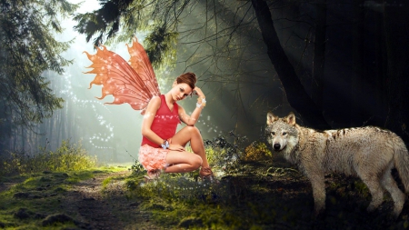 The Wolf Fairy - woman, wolves, predator, sunlight, artwork, wings, tree