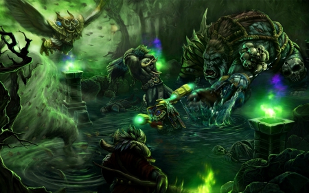 Heroes of Newerth - skull, heroes of newerth, art, luminos, water, green, monkey, fantasy