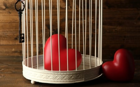 Caged - key, cage, white, heart, red, wood, valentine