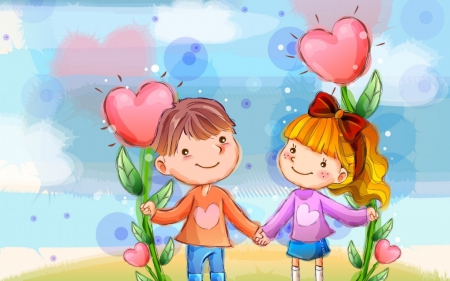 young love - love, young, girl, heart, boy, flower