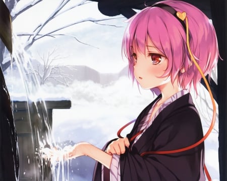 Running Water - pretty, blushing, anime, kawaii, female, scenery, komeiji satori, scene, short hair, nice, pink hair, anime girl, water, beautiful, girl, blush, wet, beauty, lovely, sweet, cute, adorable