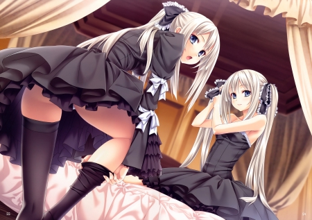 Just 2 of Us - pretty, anime, twin tail, kawaii, female, twintail, dress, long hair, bed, ribbon, hd, nice, silver hair, twin tails, gown, anime girl, twintails, beautiful, hot, girl, beauty, lovely, bedroom, sweet, cg, black, double, twins, cute, adorable, sexy