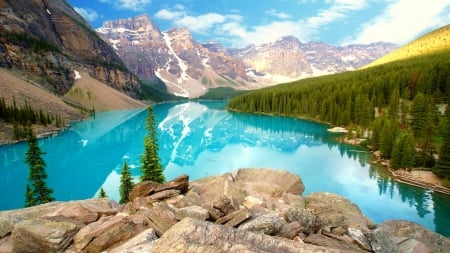 Moraine lake - alberta, lake, sky, moraine, mountain, peaks, rocks, view, reflection, beautiful, clouds, canada, cliffs