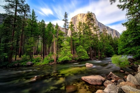 Merced river - sky, mountain, trees, landscape, park, serenity, forest, calmness, river, beautiful, stones