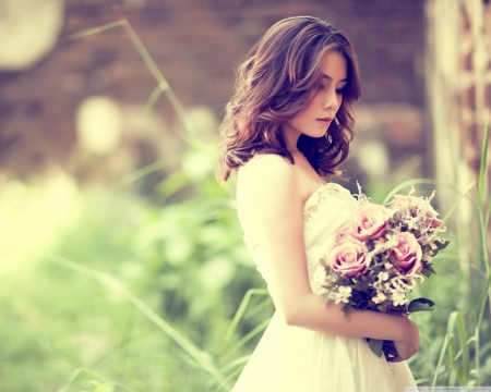 Lovely bride - flowers, grass, love, wedding dress, bouquet