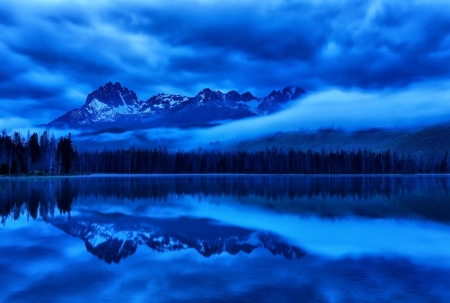 Night - sky, lake, mountains, reflection, clouds, trees, night