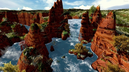 River in the Canyons - river, canyons, nature, art, sky