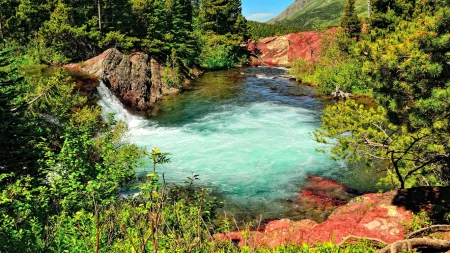 Waterfalls - summer, waterfalls, lake, trees