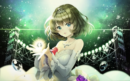 The Light - nice, beauty, female, magic, anime girl, bubbles, angelic, pretty, anime, green, cute, short hair, maiden, lady, glosing, adorable, girl, light, gown, lovely, shining, bright, glow, kawaii, sublime, beautiful, sweet, green hair, dress