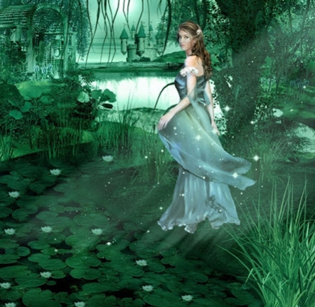 Celtic Princess - trees, magic, celtic princess, flowers, green woods, woman, gazebo, lake, green leaves, castle