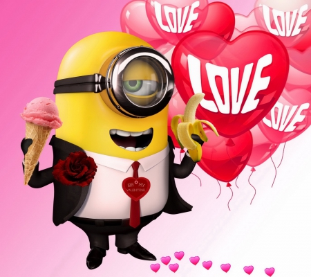 Happy Valentine's Day - ice-cream, banana, love, pink, Happy Valentines Day, red, balloons, Be My Valentine, hearts, minion