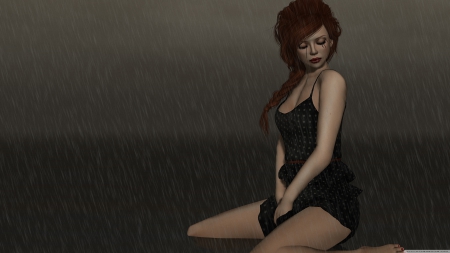 falling rain - water, rain, woman, redhead