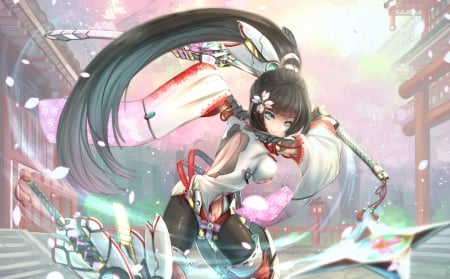 Ouka Machine - pretty, anime, kawaii, magic, female, warrior, dress, long hair, armor, japan, shrine, oriental, hd, weapon, nice, anime girl, beautiful, girl, sword, beauty, lovely, sweet, petals, blade, cg, sinister, black hair, cute, adorable, sexy, japanese