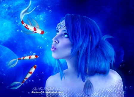 Blue Mermaid - lady, mermaid, art, blue