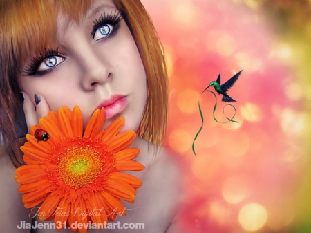 Dreamer Girl - art, abstract, flowers, bird