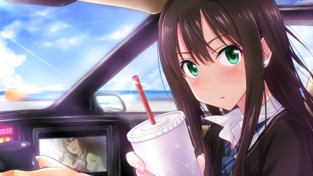 Want Some - pretty, anime, kawaii, female, scenery, scene, long hair, vehicle, car, nice, sky, anime girl, beautiful, girl, beauty, lovely, brown hair, sweet, drink, motorcar, cloud, cute, video, camer, adorable, cup