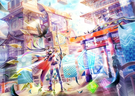 Exquisite Contrivance - rapier, hot, magic, colorful, japanese, anime girl, multicolour, feather, sexy, building, gate, scenic, warrior, bow, beautiful, shrine, sweet, nice, beauty, female, fantasy, archer, pretty, japan, multicolor, anime, house, scene, dagger, girl, lovely, bird, weapon, scenery, colourful