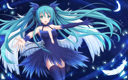 Blue Angel - pretty, anime, vocaloid, twin tail, kawaii, female, wing, miku hatsune, blue, twintail, dress, hatsune miku, angel, long hair, hd, nice, twin tails, anime girl, twintails, beautiful, girl, feather, beauty, lovely, sweet, cg, miku, wings, cute, adorable, hatsune, vocaloids