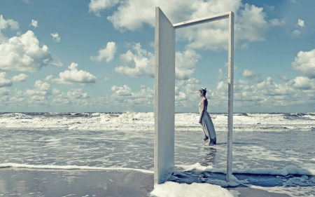 In / Out - woman, sky, beach, girl, water, summer, cloud, door, sea