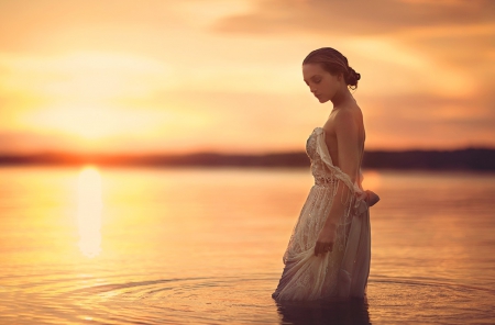 Sunset - dress, lake, sunset, woman