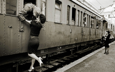 Lovers - soldat, girl, love, man, stilettos, train, valentine, woman, kiss, couple, lovers