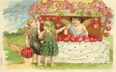 Happy Valentine's Day! - word, couple, angel, heart, valentine, cupid, red, vintage, card