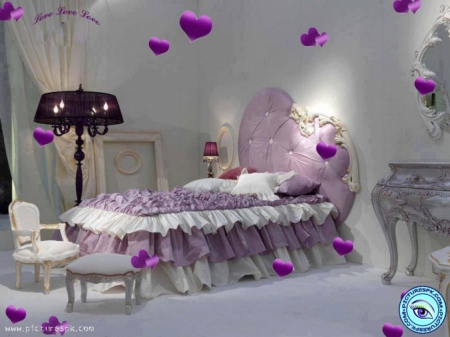 Romantic Purple Bedroom - purple, houses, hearts, architecture, bedroom