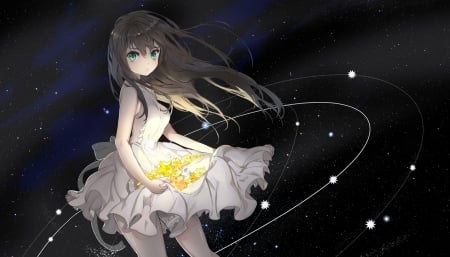 Of Starry Night - nice, beauty, female, magic, black white, anime girl, black hair, fantasy, brown hair, pretty, glowing, anime, girl, light, night, long hair, space, gown, lovely, glow, star, beautiful, sweet, dress