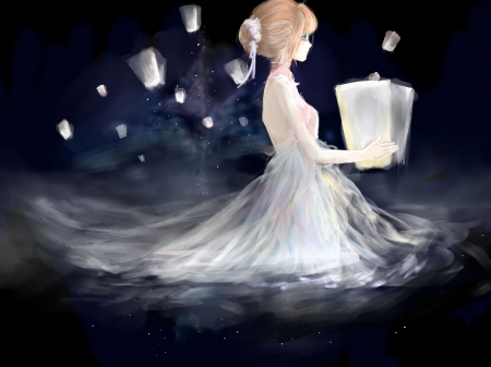 Lantern - gown, arturia, black, blond hair, maiden, beautiful, blonde, anime girl, girl, white, lantern, blond, blonde hair, lady, arturia pendragon, pretty, beauty, sweet, fate stay night, anime, dress, pendragon, nice, lovely, female, saber