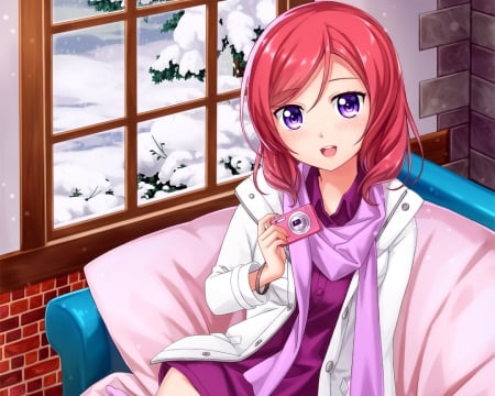 Snow Day - sitting, anime girl, camera, adorable, blushing, scarf, red hair, jacket, chair, snow, beautiful, sweet, blush, happy, nice, beauty, redhead, female, smiling, couch, home, pretty, anime, blouse, house, short hair, cute, sit, girl, shirt, winter, lovely, cg, hd, kawaii, smile