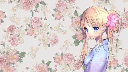 kimono girl - pretty, roses, anime, beautiful, girl, kimono