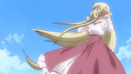 Who's Calling Me - nice, chii, sky, female, blond, anime girl, wind, chobits, windy, blond hair, pretty, blonde hair, anime, cute, girl, adorable, long hair, loli, gown, lovely, kawaii, sweet, dress, blonde, lolita