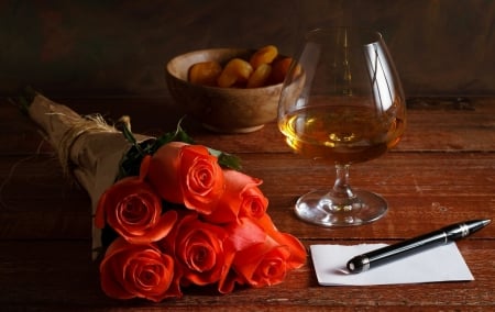 Sweet Memories - roses, bouquet, pen, lovely, love four seasons, holidays, romantic, beautiful, table, paper, cognac glasse, sweet, beloved valentines, dried apricots