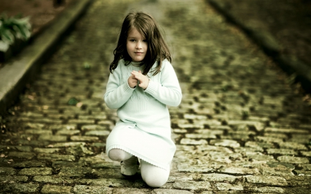 Cute little girl on the street - green, street, cute, little girl