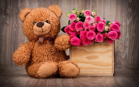 Teddy Bear with Love - love four seasons, pretty, pink, cute, sweet, beloved valentines, holidays, love, valentines, roses, teddy bear, lovely, basket